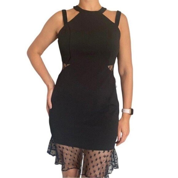 BEBE Black Mesh Panel Bodycon Dress Size 8 Cut-Out Sheer Star Detail Night Out - Picture 1 of 15
